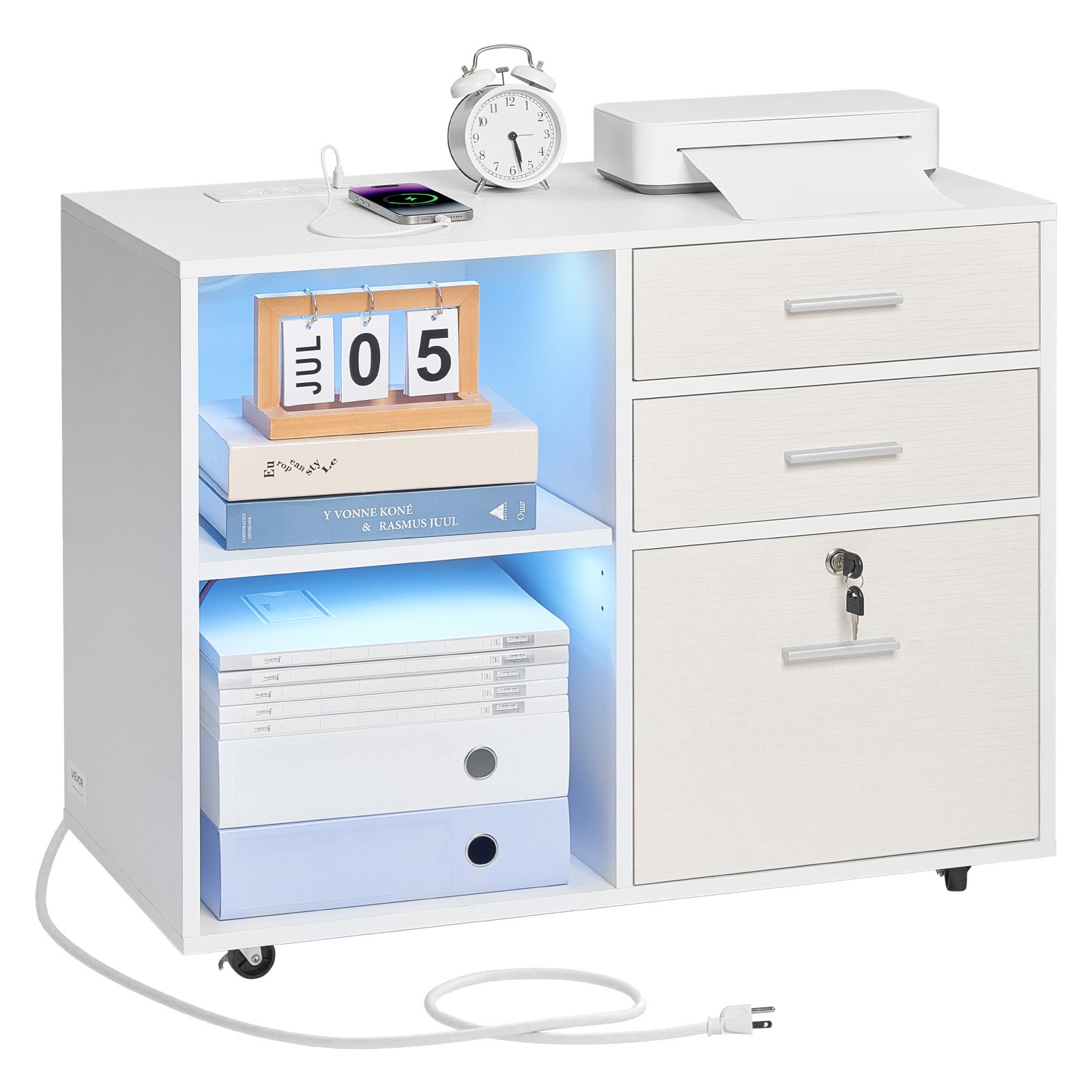 VEVOR 3 Drawer White Wood File Cabinet – Lockable, 100 lbs