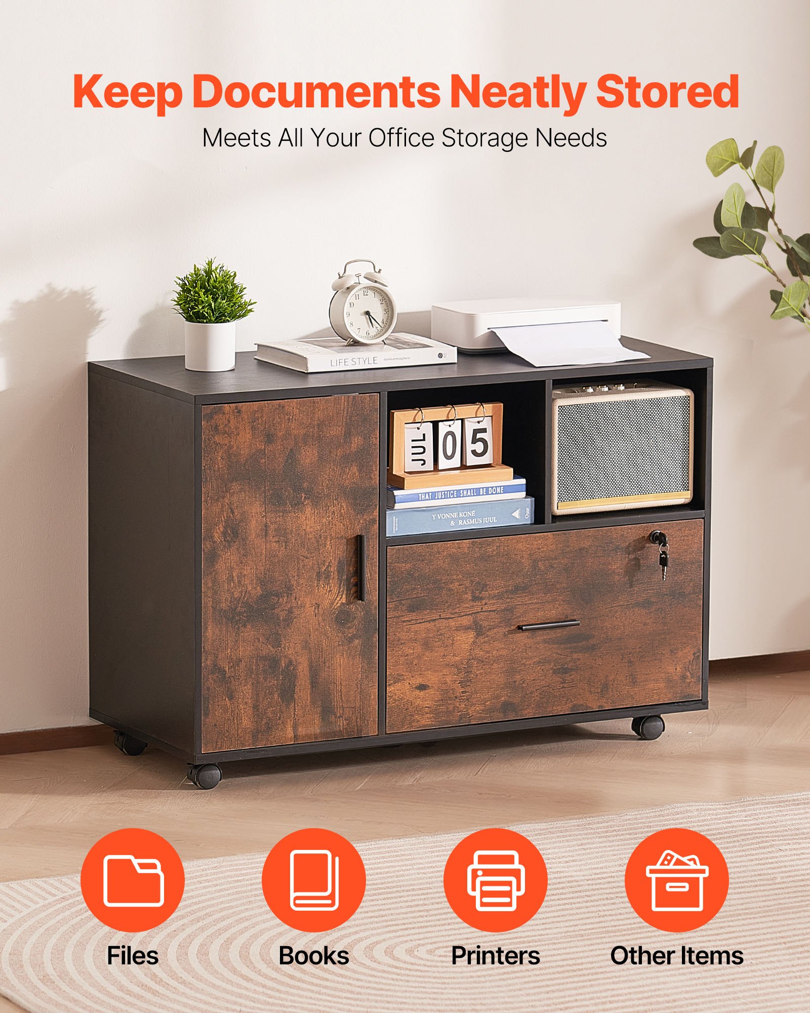 VEVOR Wood File Cabinet, Mobile Filing Cabinet with Open Shelves ...