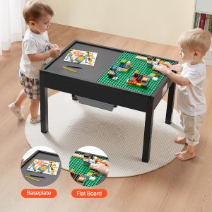 VEVOR Kids Wooden Activity Table, Building Blocks Double-Sided Tabletop ...