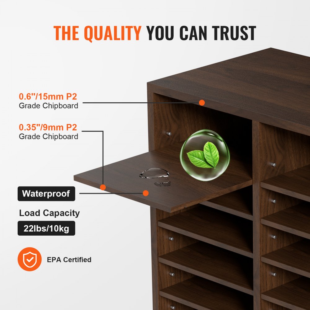 organizéry na literaturu, kancelářská poštovní schránka s 36 přihrádkami a nastavitelnými policemi, dřevěný třídič literatury 99,3 x 30,6 x 66,8 palců pro kancelář, domácnost, učebnu, organizaci podatelen, certifikace EPA hnědá - miniatura 3