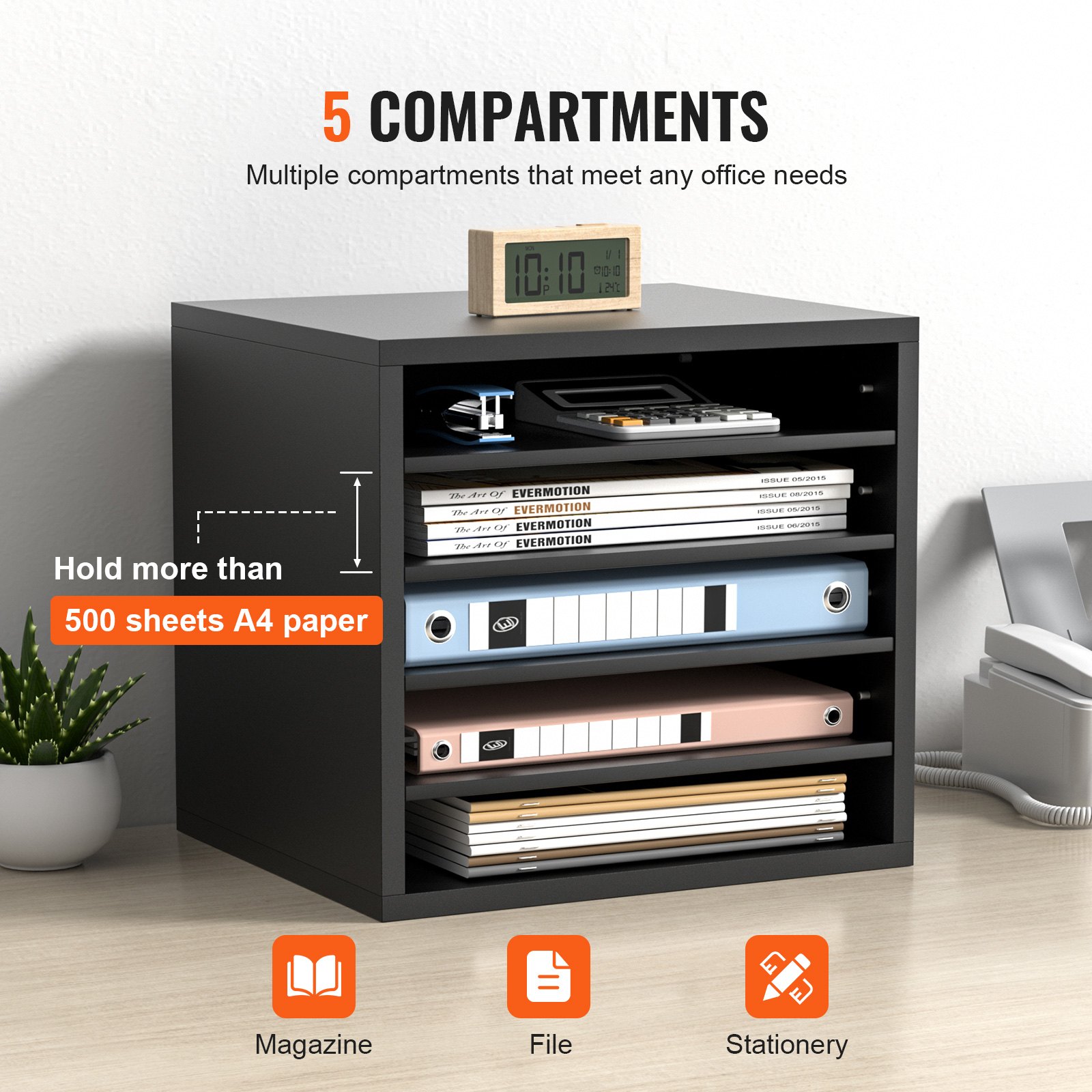 VEVOR Wood Literature Organizer Adjustable File Sorter 5 Compartments ...