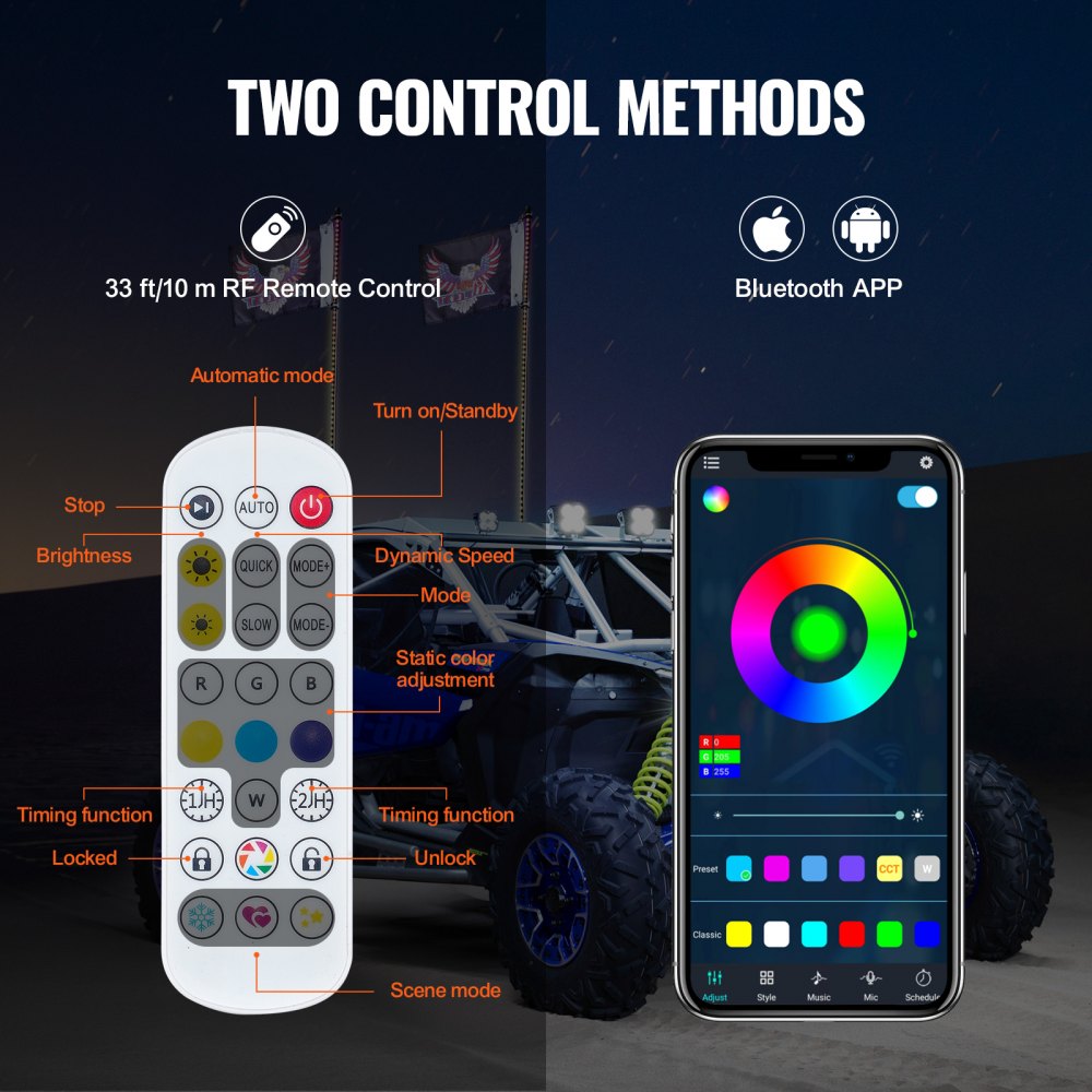 thumbnail interactive-video image 1 of FICOLPO 2-Pack 2.36Ft LED RGB Whip Lights With Spring Base - App Controlled For UTV, ATV, Jeep & Off-Road Vehicles 1 of 9