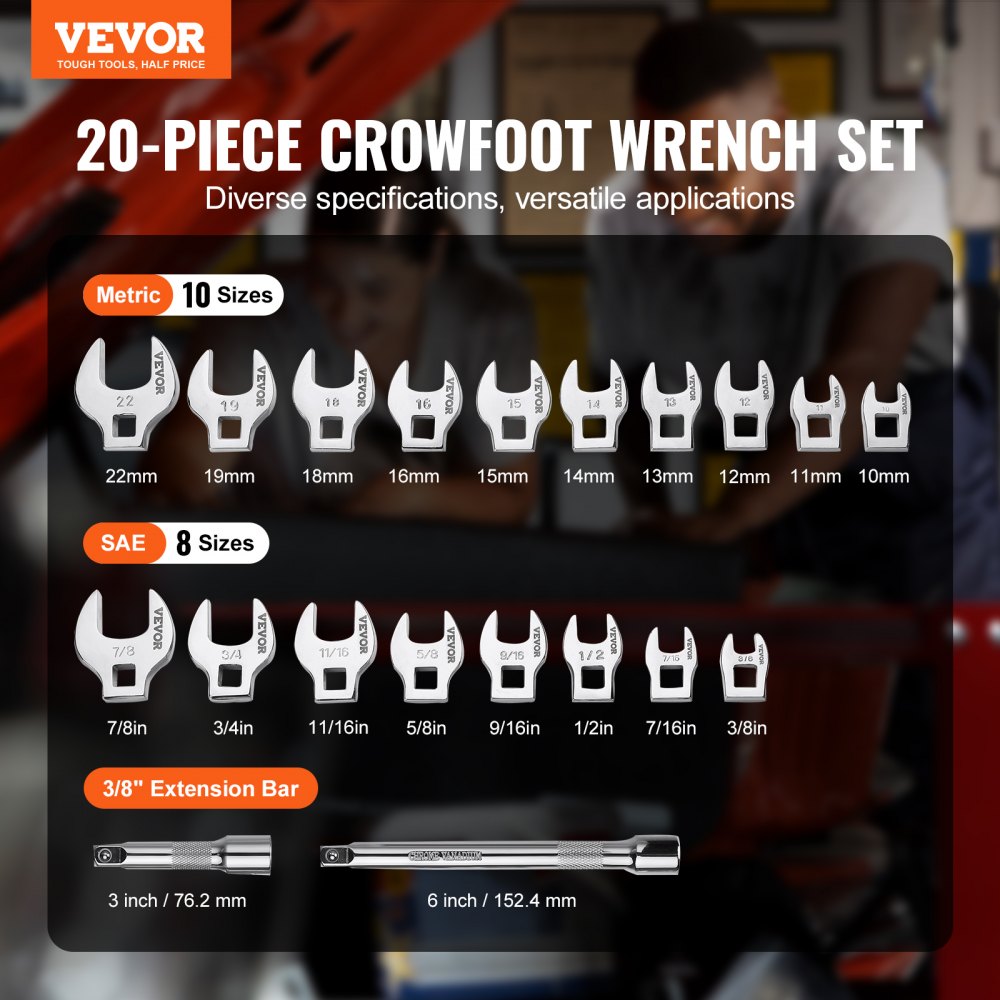 VEVOR 20-Piece Crowfoot Wrench Set - 3/8" Drive SAE & Metric With Extension Bars & EVA Case