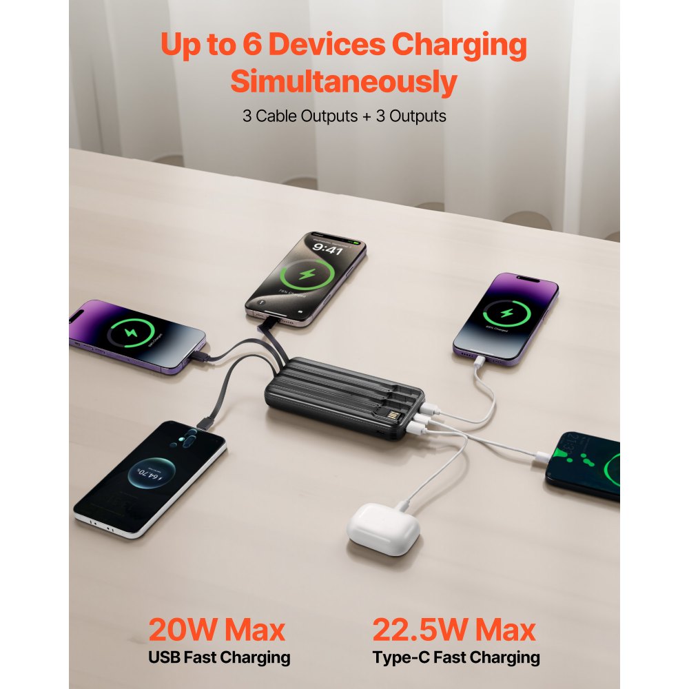 VEVOR Cell Phone Portable Charger – 10000 mAh, 6 Outputs