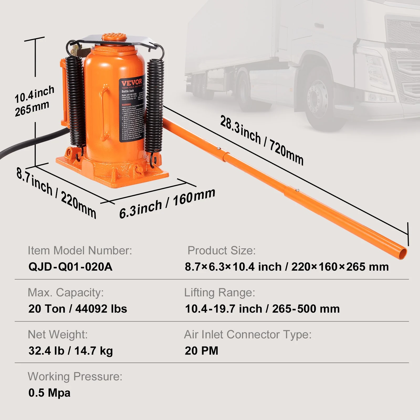 VEVOR Air Hydraulic Bottle Jack, 20 Ton/40000 LBS All Welded Bottle ...