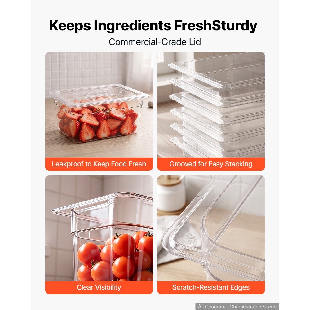VEVOR 6-Pack Polycarbonate Food Pans, 1/2 Size, 6