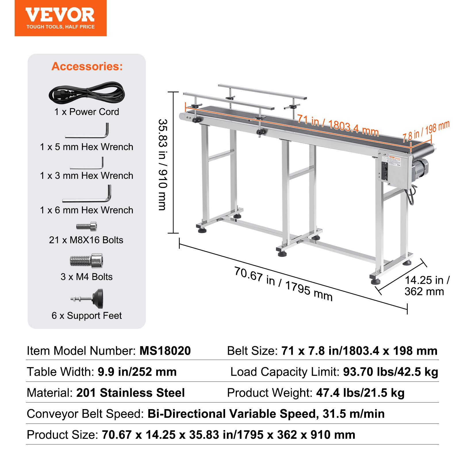VEVOR Belt Conveyor, 71 x 7.8 inch Conveyor Table, Heavy Duty Stainless ...