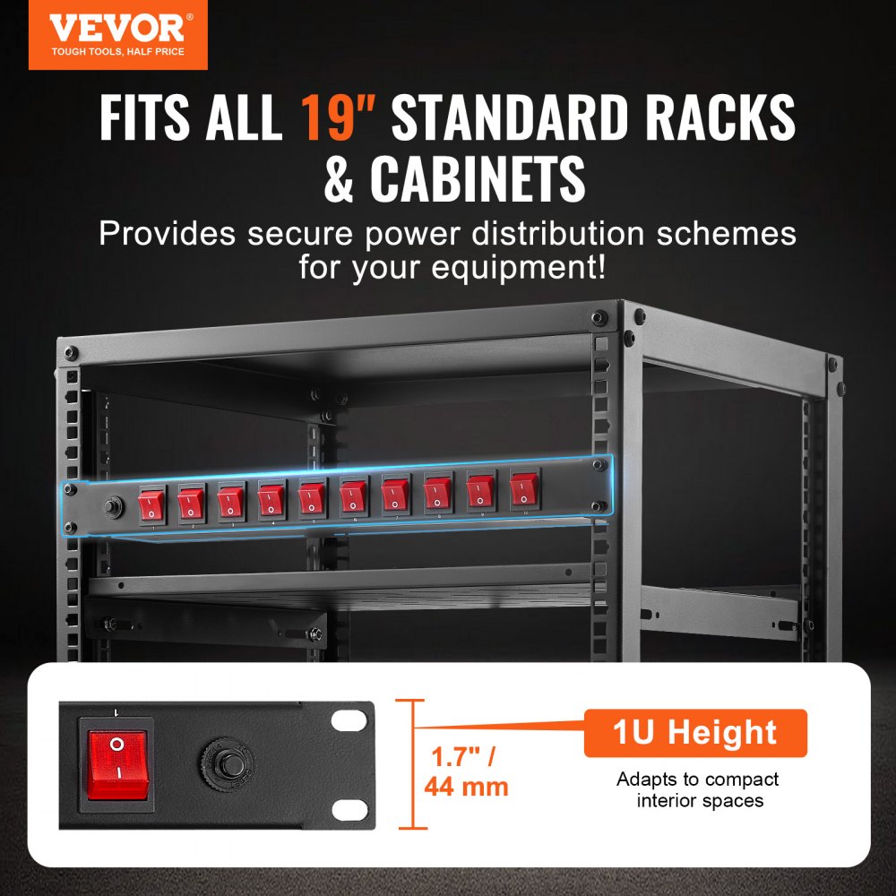 Outlet Racks VEVOR 1U Rack-mount Power Strip - 110-125V/15A, 19