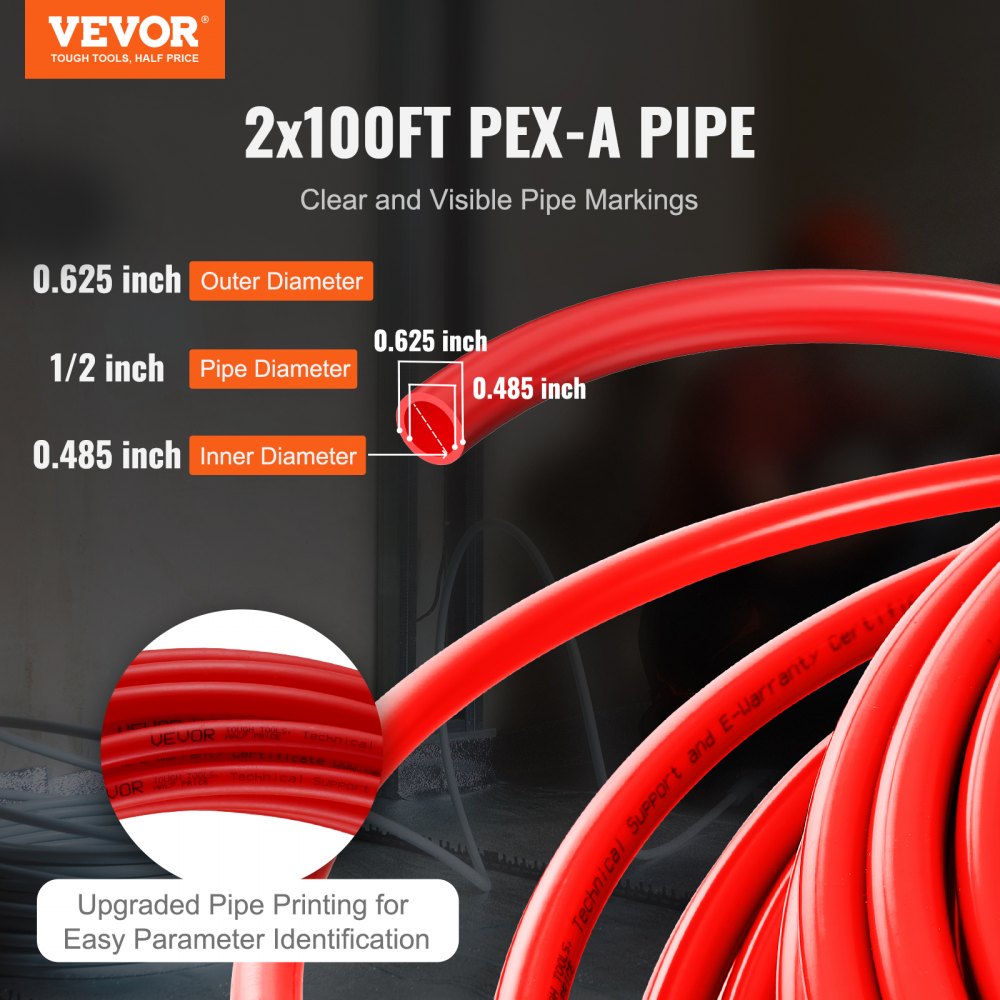 VEVOR PEX Pipe 1/2 Inch, 2 x 100 Feet Length PEX-A Flexible Pipe Tubing ...