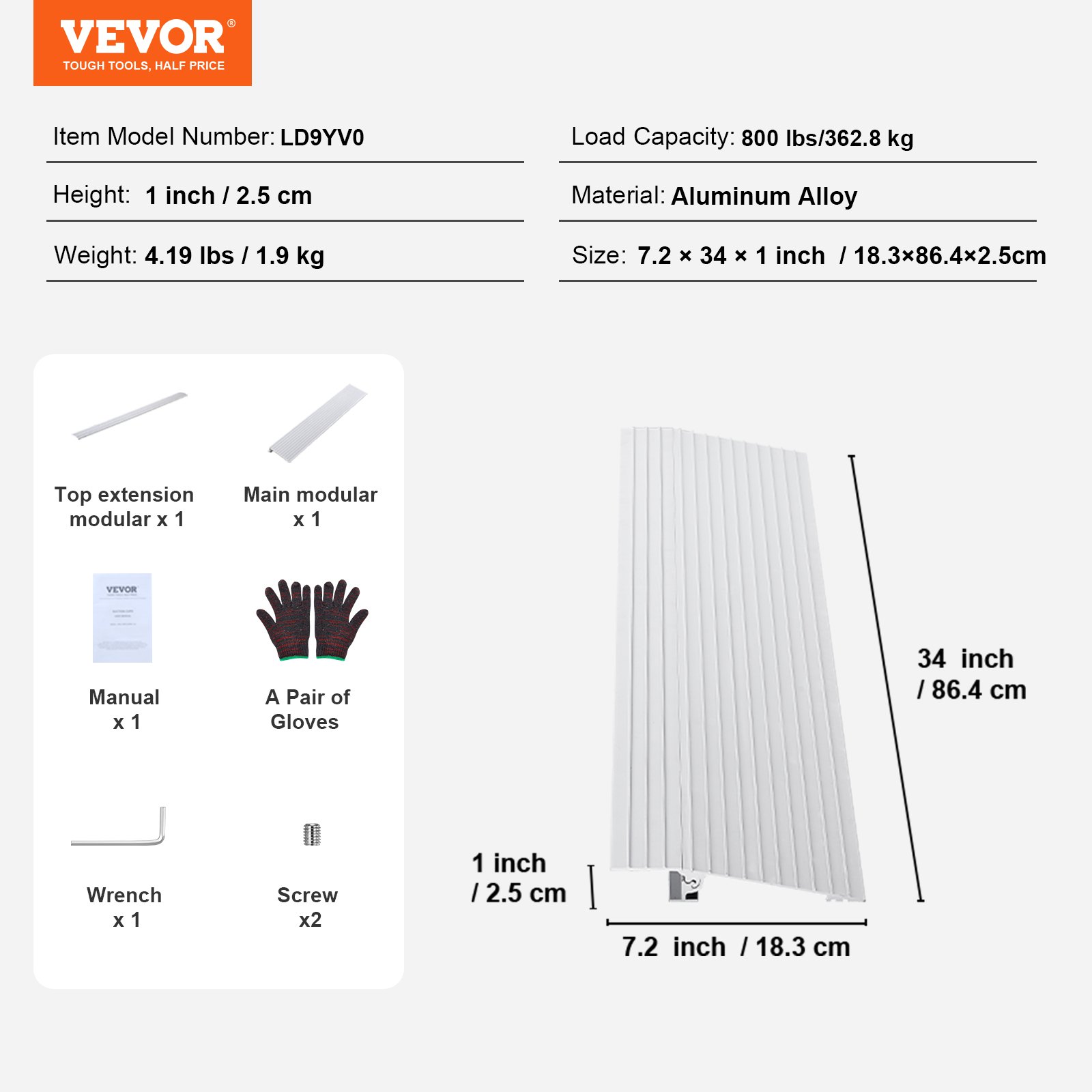 VEVOR Door Threshold Ramp, 1" Rise, 800 lbs Load Capacity, Door Ramp ...