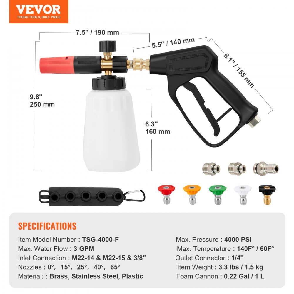 VEVOR Pressure Washer Gun Set, 0.22 Gal Foam Cannon, 4000 PSI Washer ...