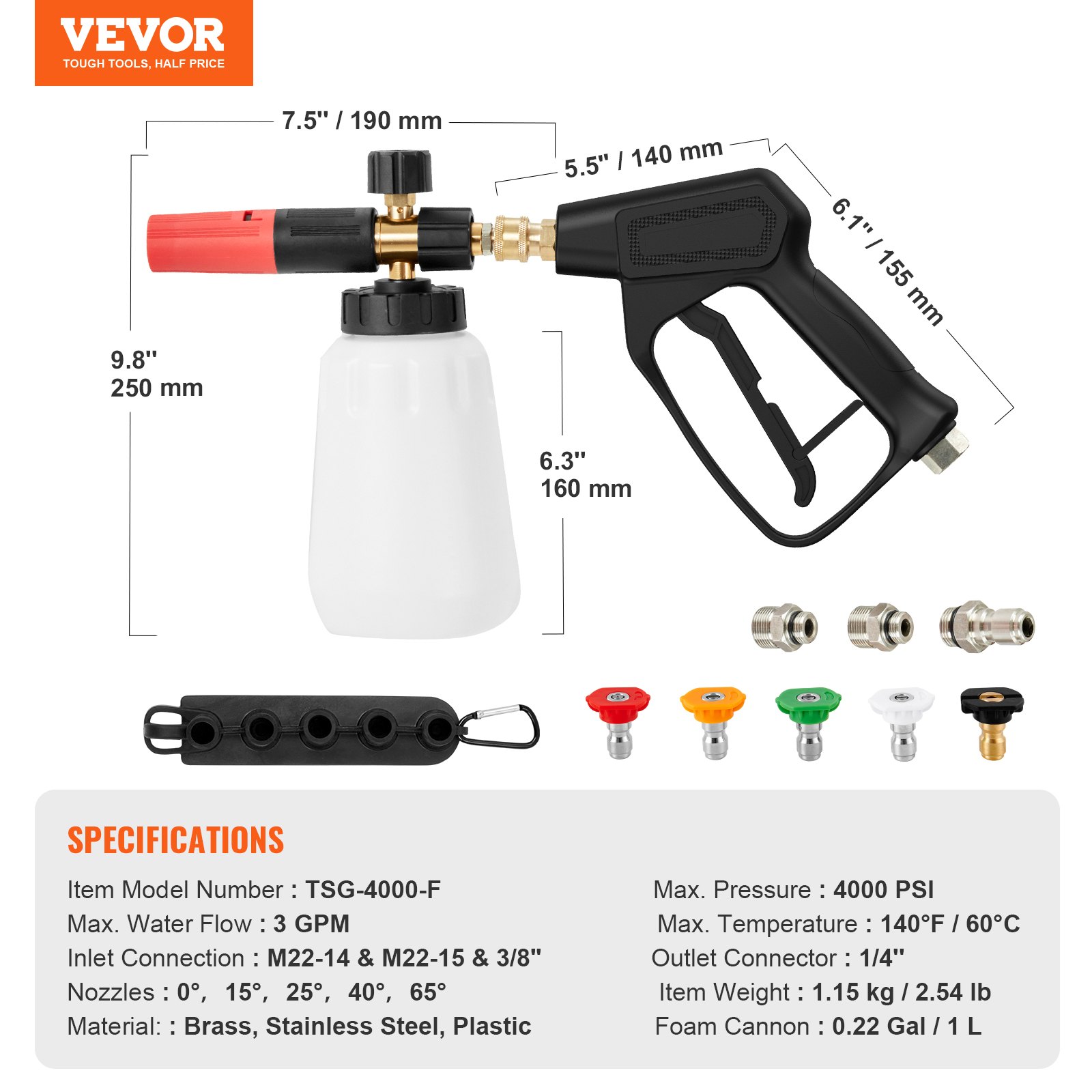 VEVOR Pressure Washer Gun Set, 0.22 Gal Foam Cannon, 4000 PSI Washer ...