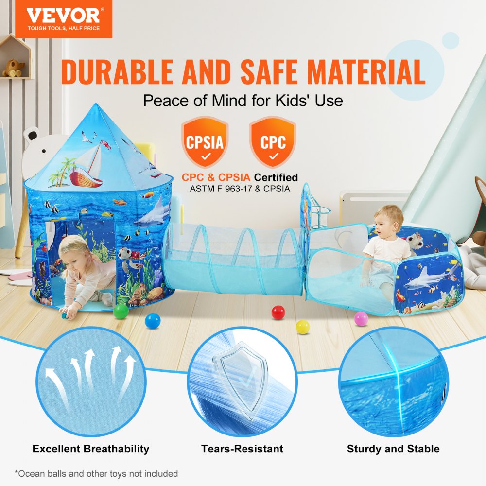 VEVOR 3 in 1 Kids Play Tent with Tunnel Basketball Hoop for Boys Girls Babies and Toddlers Indoor Outdoor Pop Up Playhouse with Carrying Bag Banding Straps Birthday Gifts Blue Ocean