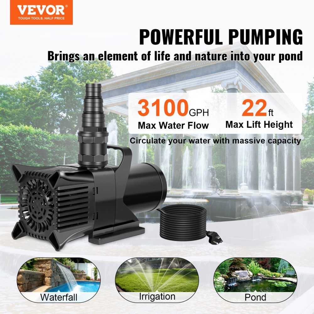 VEVOR Submersible Water Pump 3100GPH Pond Pump 22FT 240W for Waterfall ...