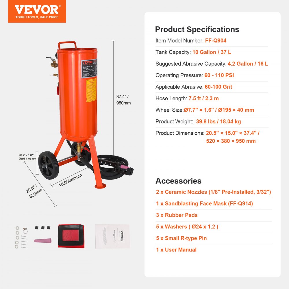 VEVOR 10 Gallon HeavyDuty Sand Blaster, 60110 PSI High Pressure