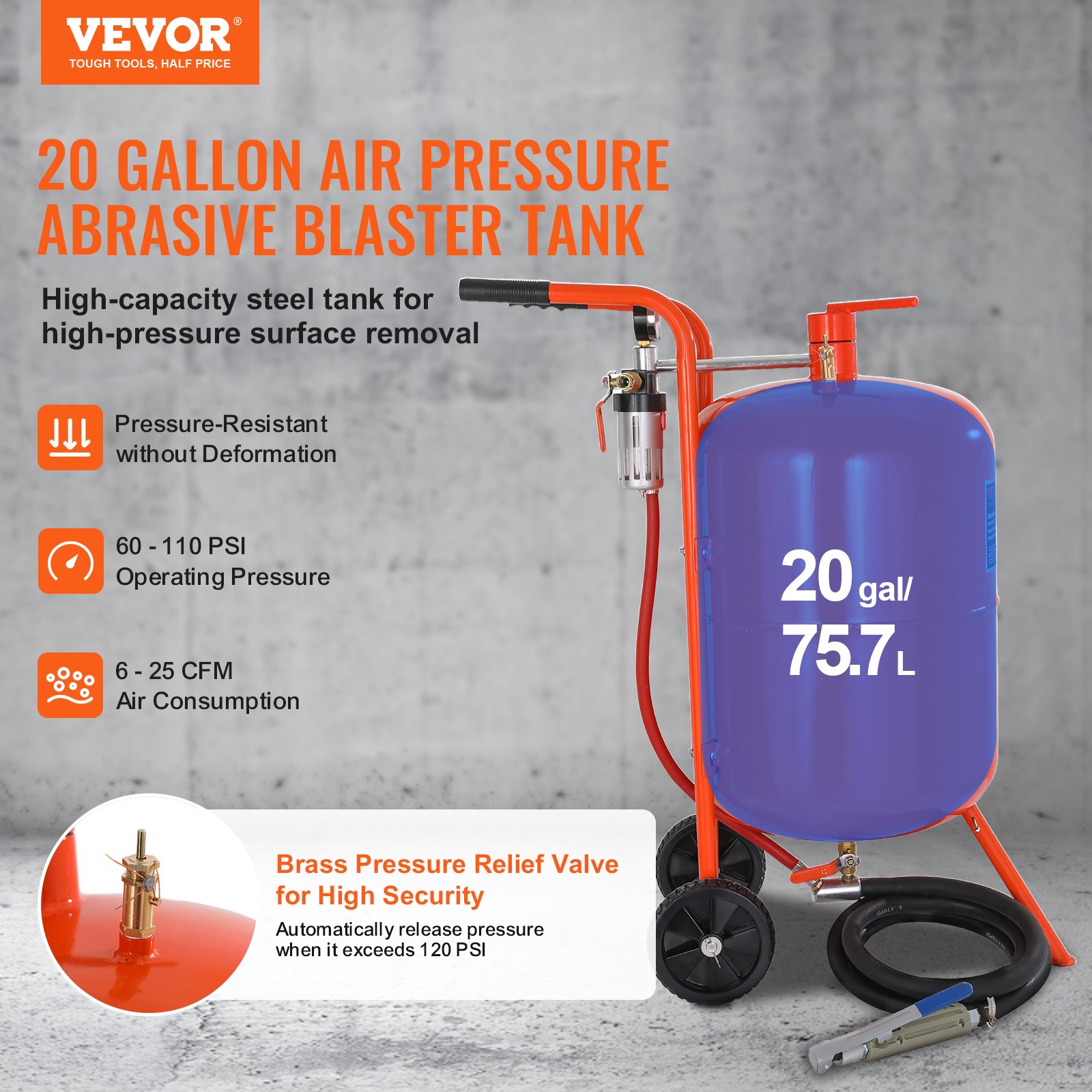 VEVOR 20 Gallon Sand Blaster, 60-110 PSI High Pressure Sandblaster ...