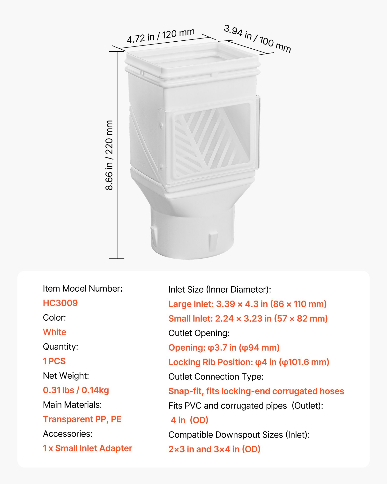 Double Gutter Inlet VEVOR Rainwater Gutter Diverter – Fits 2×3 & 3×4 Inlets