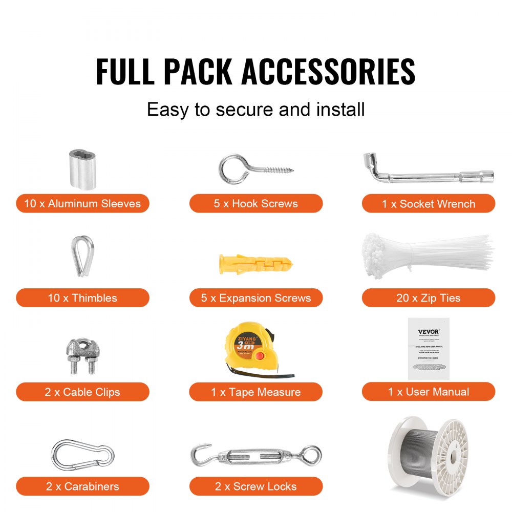 VEVOR Wire Rope Kit – 100 ft, 650 lbs, 304 Stainless Steel