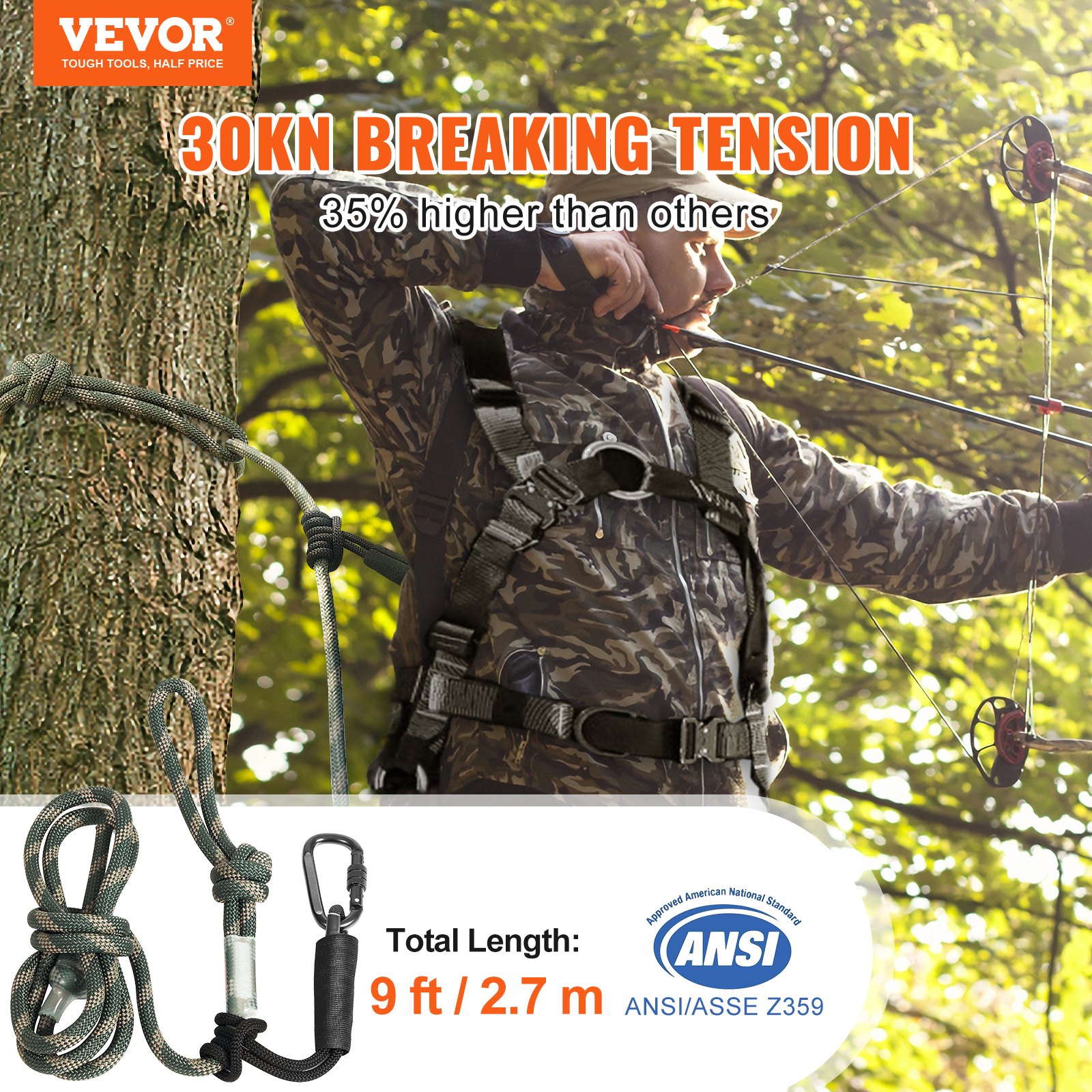 VEVOR Tree Stand Safety Rope, 9 ft/27.43M Treestand Lifeline Rope 30KN ...