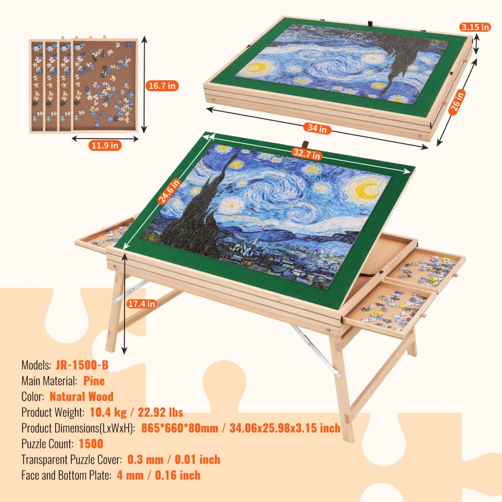 VEVOR 1500 Piece Puzzle Table with Folding Legs, 4 Drawers and Cover ...