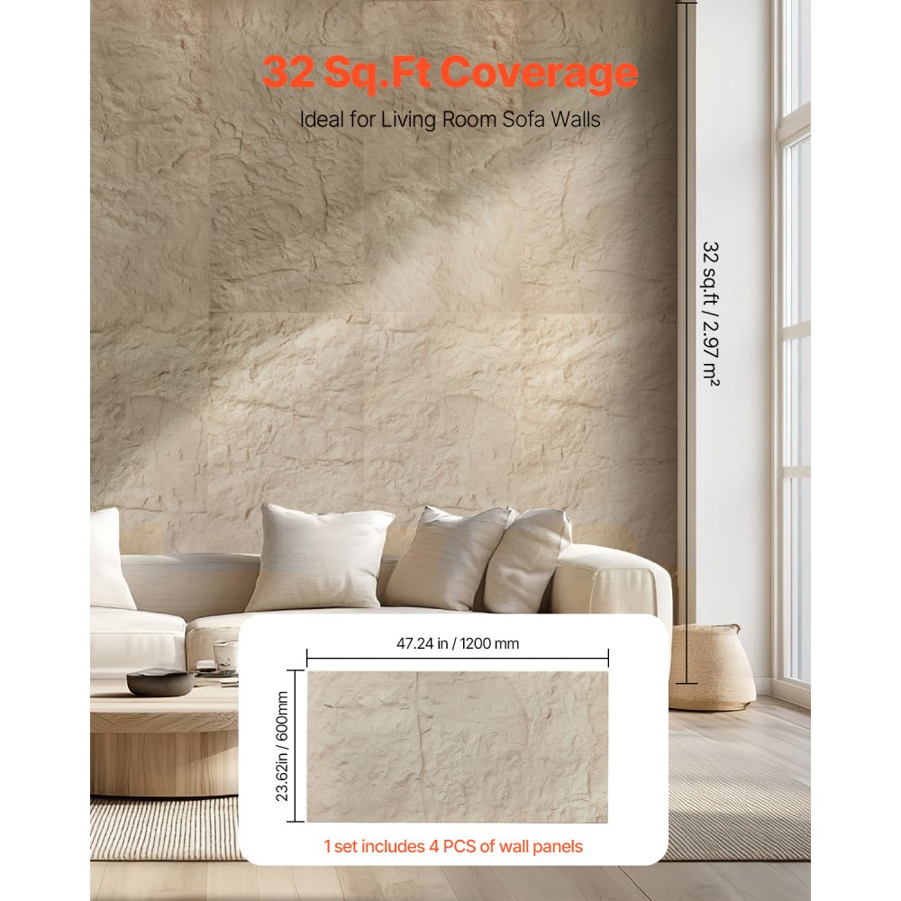 VEVOR 3D Wall Panels, 4 Pack 48 x 24 in PU Natural Stone Imitation Wall ...