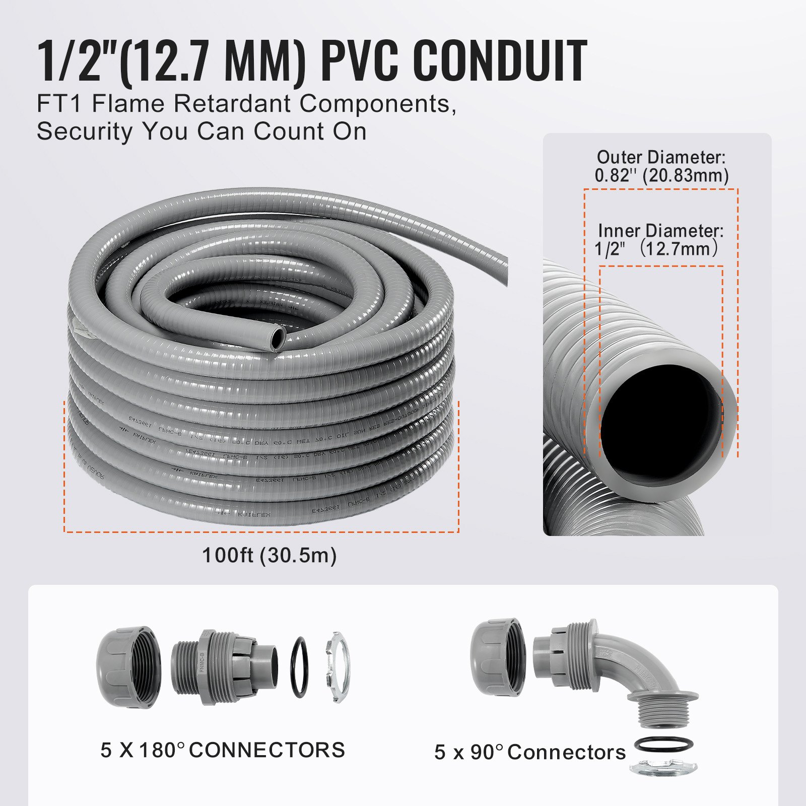 Single Conduit VEVOR 1/2-Inch Flexible Electrical Conduit, 100 ft, PVC Liquid-Tight ...