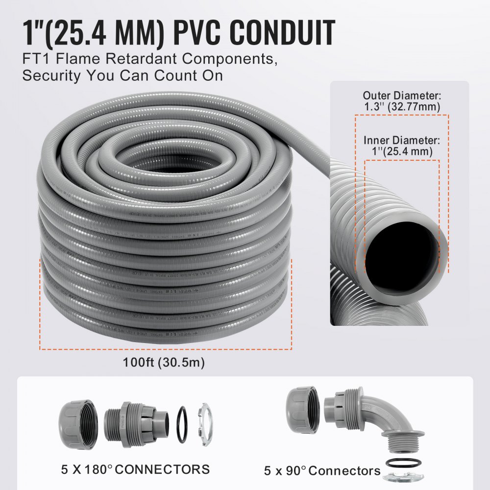 VEVOR 1-Inch Flexible Electrical Conduit, 100 ft, PVC Liquid-Tight ...