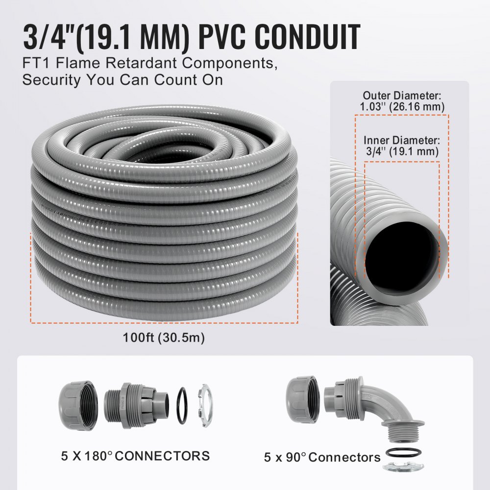VEVOR 3/4-Inch Flexible Electrical Conduit, 100 ft, PVC Liquid-Tight ...