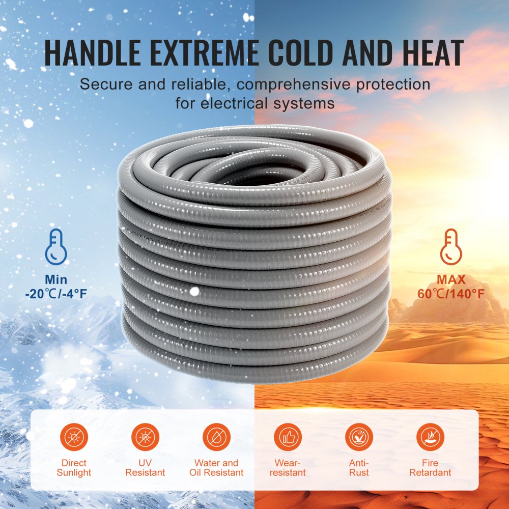 Large Conduit VEVOR 3/4-Inch Flexible Electrical Conduit, 100 ft, PVC Liquid-Tight ...