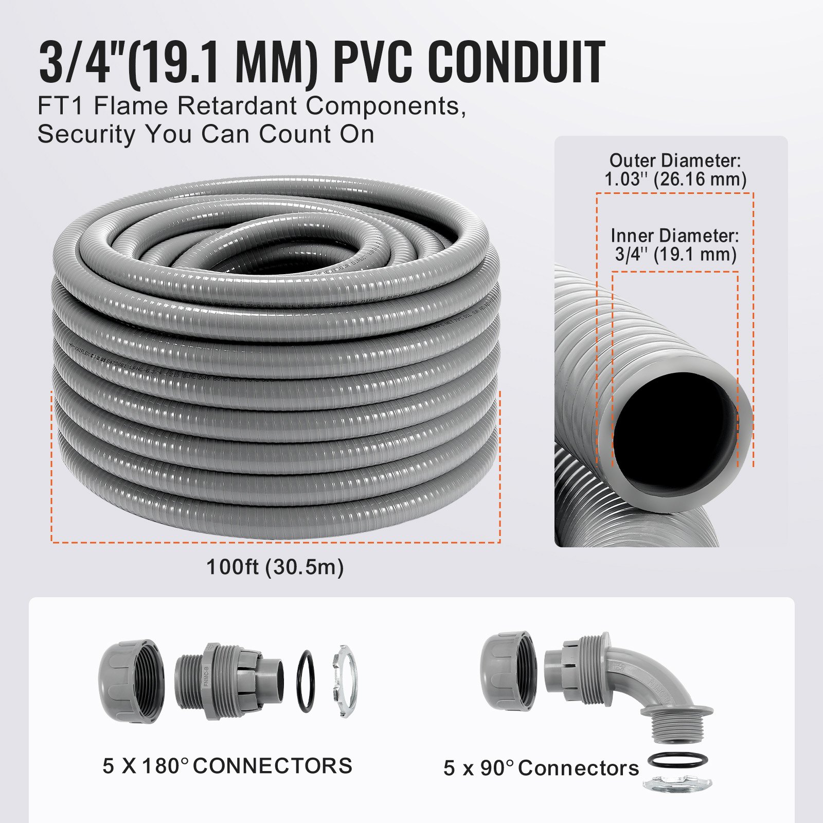 VEVOR 3/4-Inch Flexible Electrical Conduit, 100 ft, PVC Liquid-Tight ...