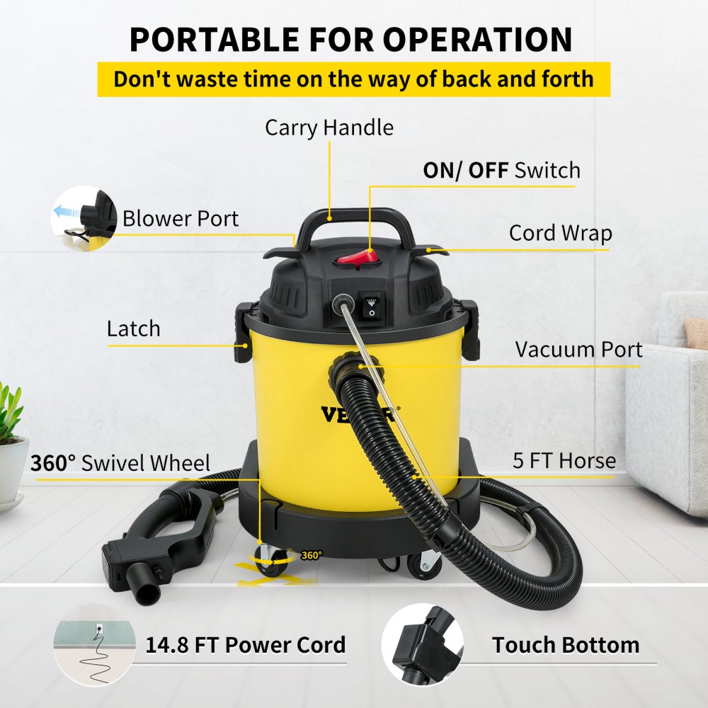 VEVOR Wet Dry Vac, 5.3 Gallon, 1.6 Peak HP Shop Vacuum, 4in1 Wet/Dry