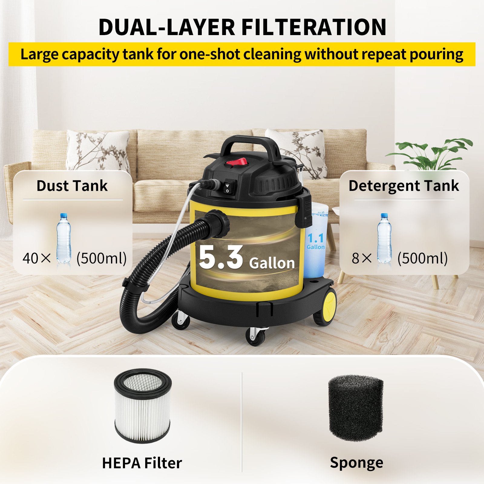 VEVOR Wet Dry Vac, 5.3 Gallon, 1.6 Peak HP Shop Vacuum, 4in1 Wet/Dry