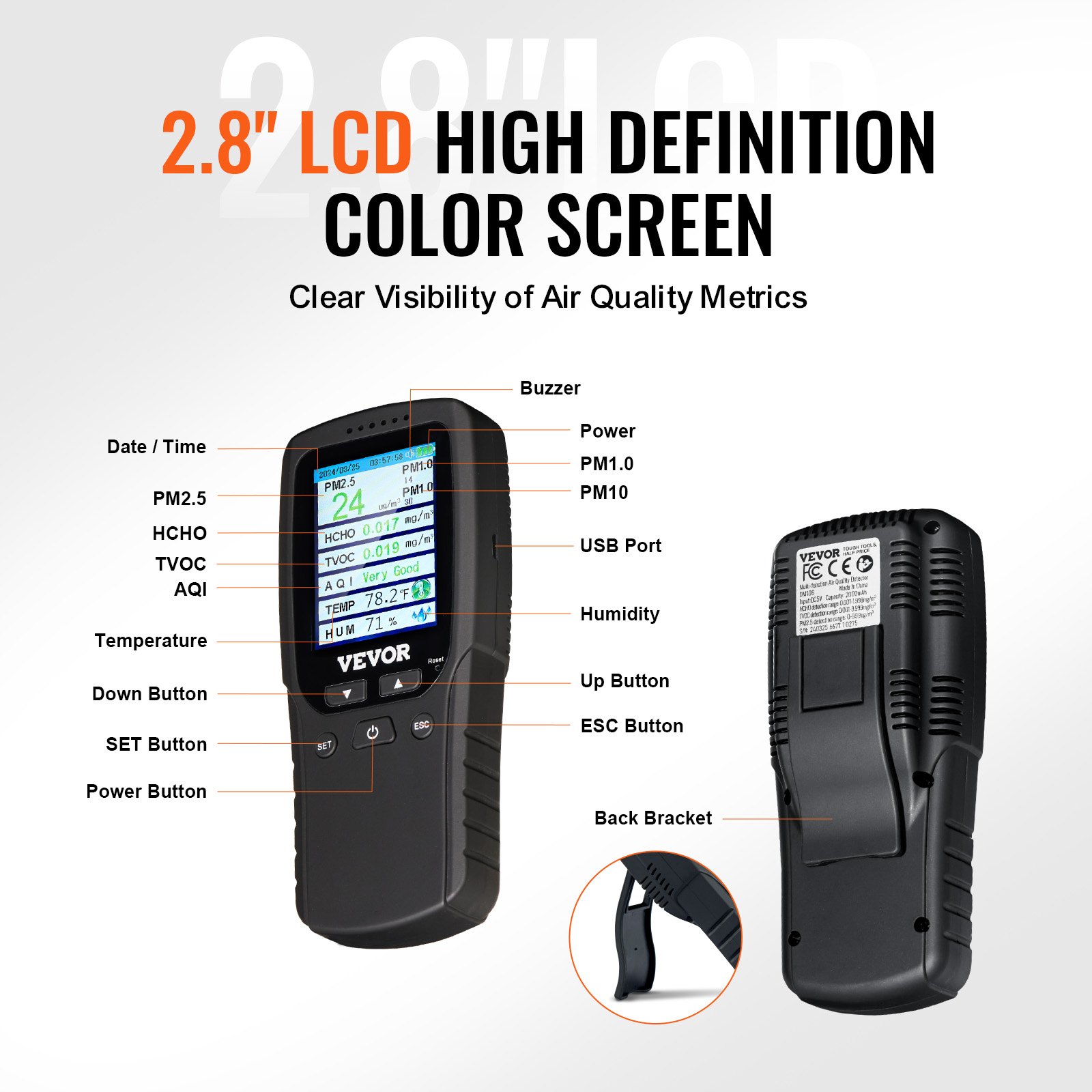 VEVOR Air Quality Monitor 8-IN-1, Professional PM2.5 PM10 PM1.0 ...