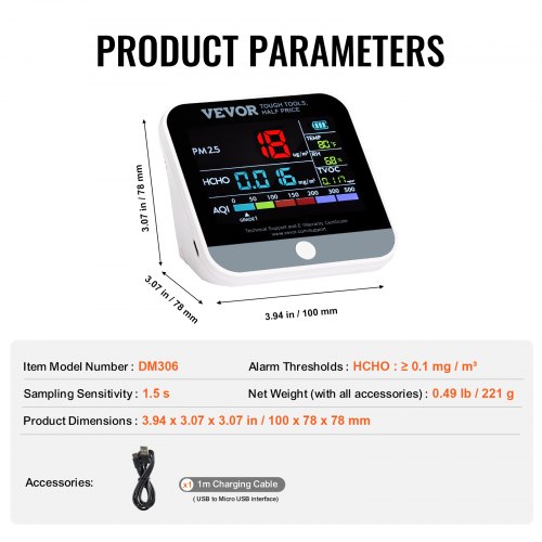 VEVOR Mini Air Quality Monitor 8-IN-1, Professional PM2.5 PM10 PM1