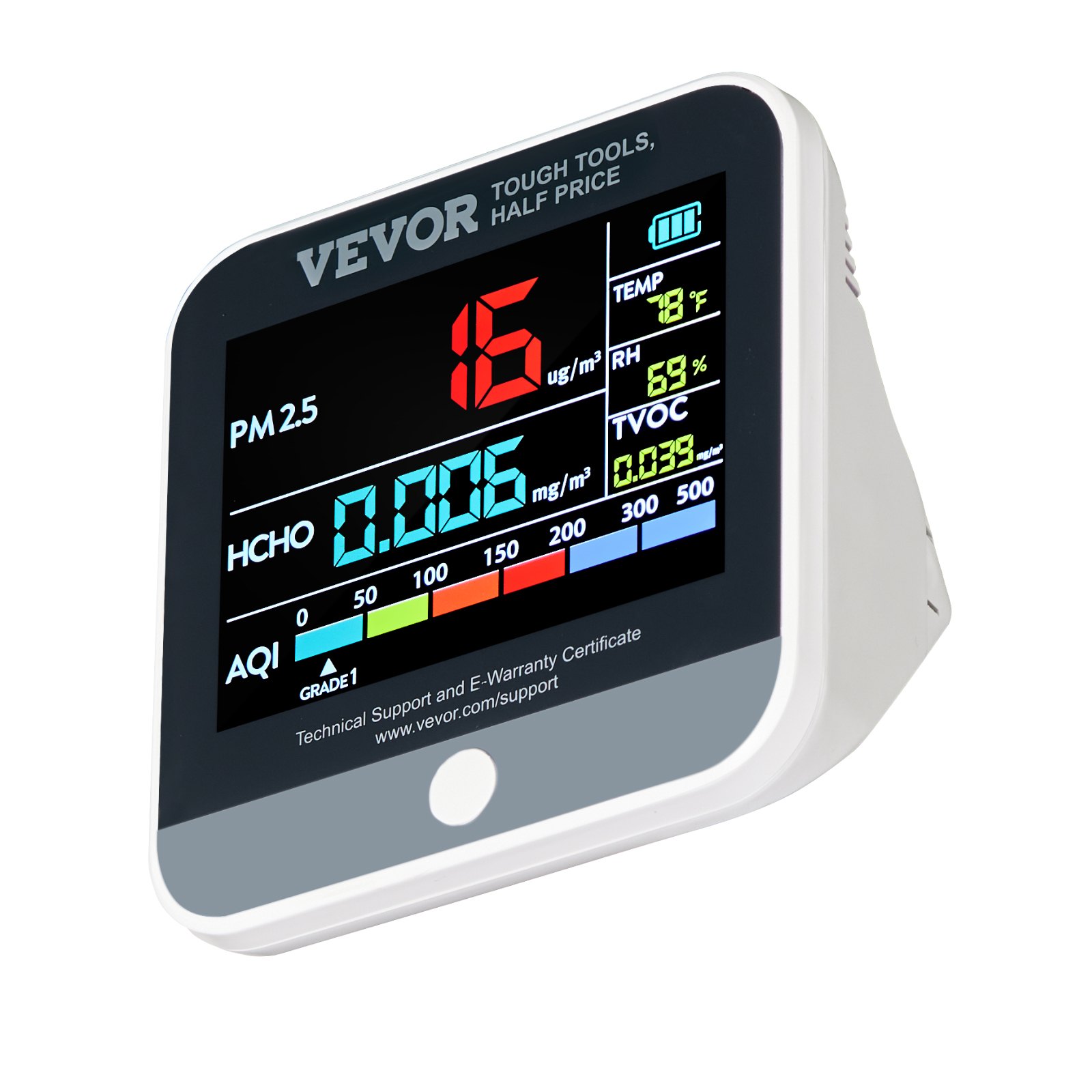 VEVOR 8-in-1 Luftqualitätsmonitor – PM2.5, PM10, PM1.0, Formaldehyd, TVOC, Temperatur, Feuchte, AQI – Mit Alarm & 4,1-Zoll-Display