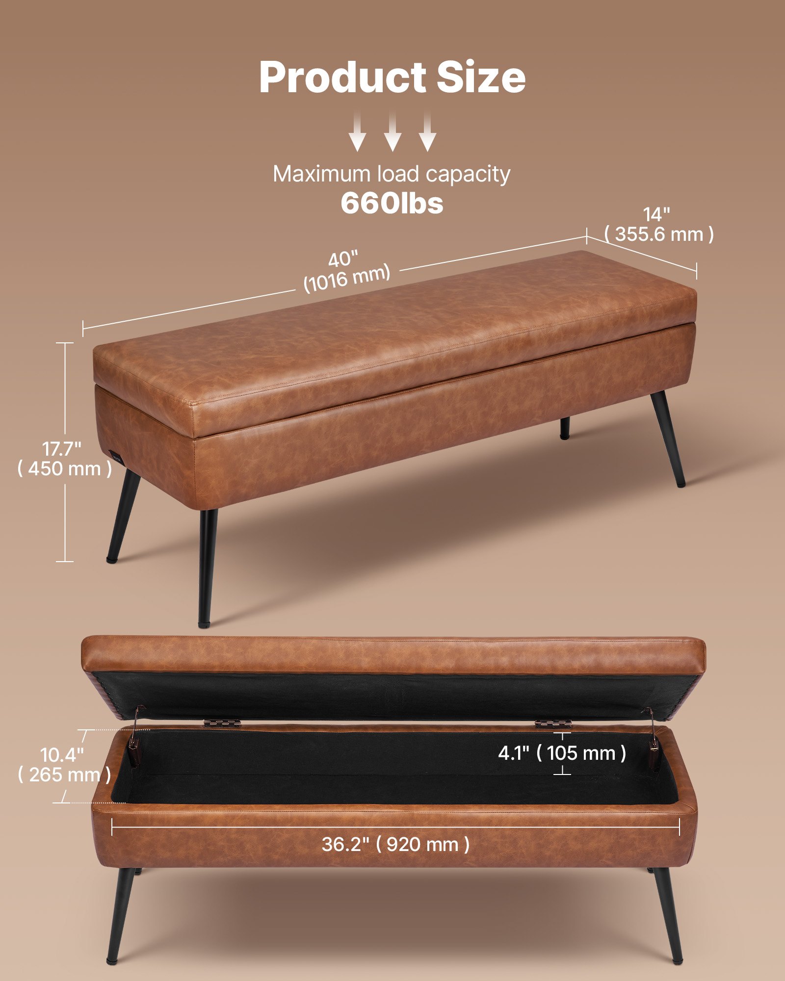 VEVOR Leather Ottoman Bench with Storage – 14×40×17.7 in