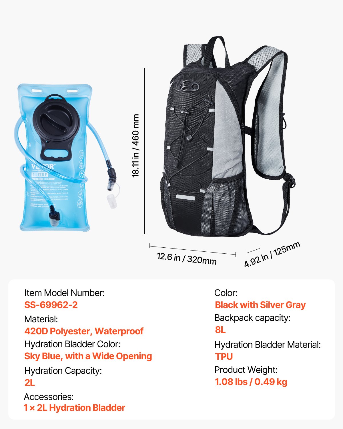 VEVOR Hydration Backpack with 2L TPU Water Bladder, Hydration Pack ...