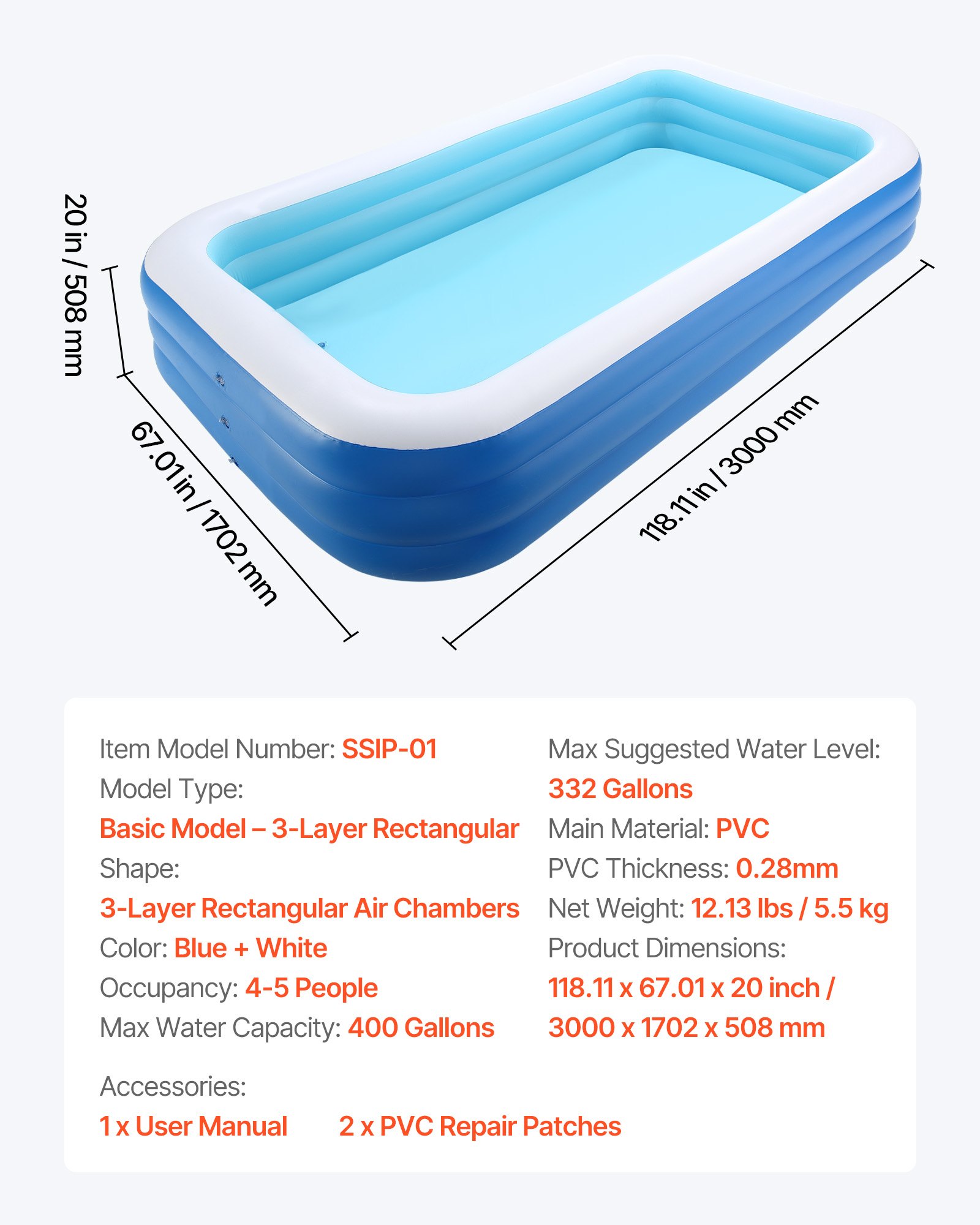 VEVOR Oversized Inflatable Pool – 118 × 67 × 20 In, 400 Gal