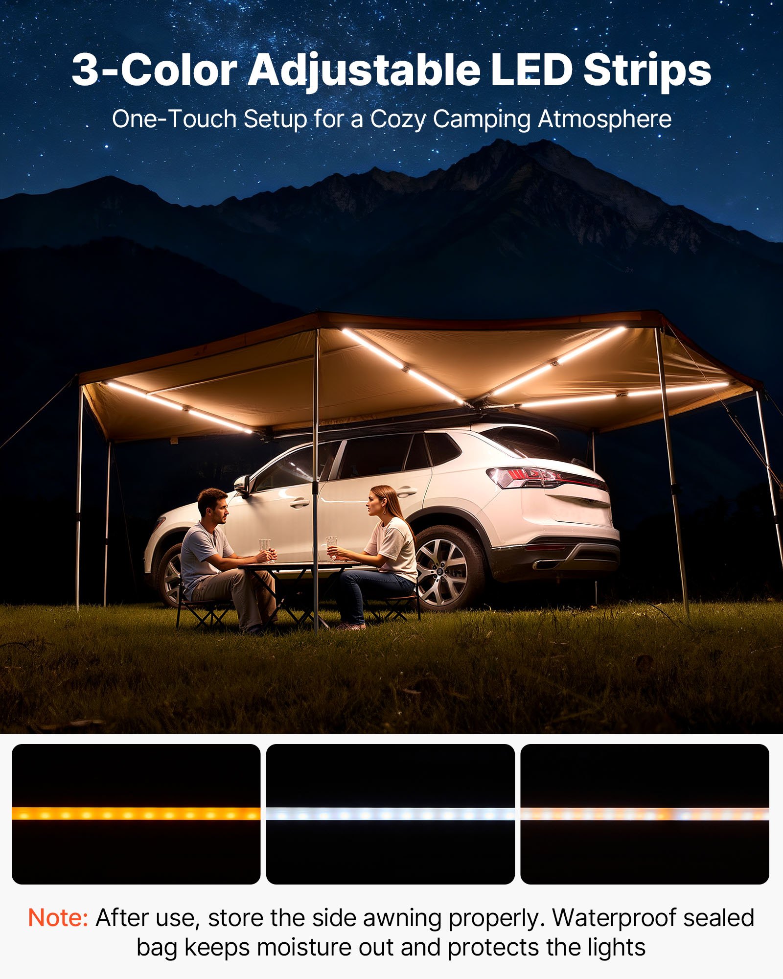 VEVOR 270 Degree Car Awning – 133 sq. ft., LED, Side Canopy