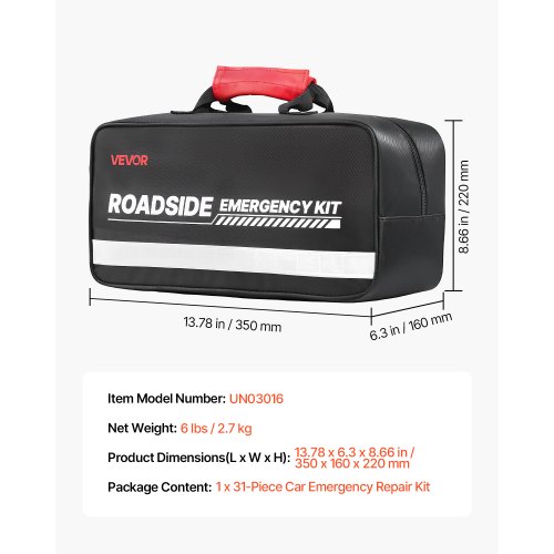 VEVOR Roadside Emergency Kit for Car – 31-Piece, 12 ft Cable