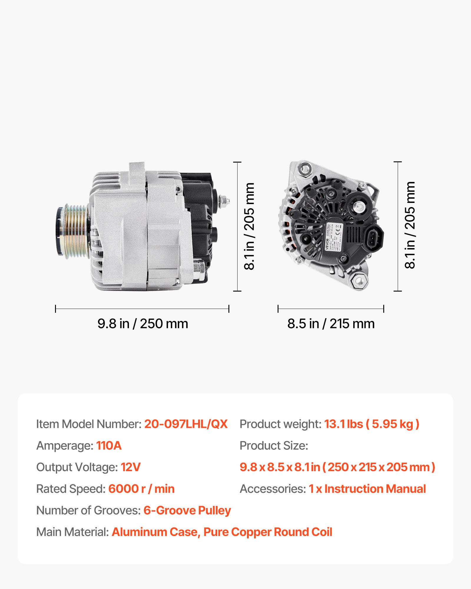 VEVOR Car Audio Alternator — 12V Output & 6000 RPM System