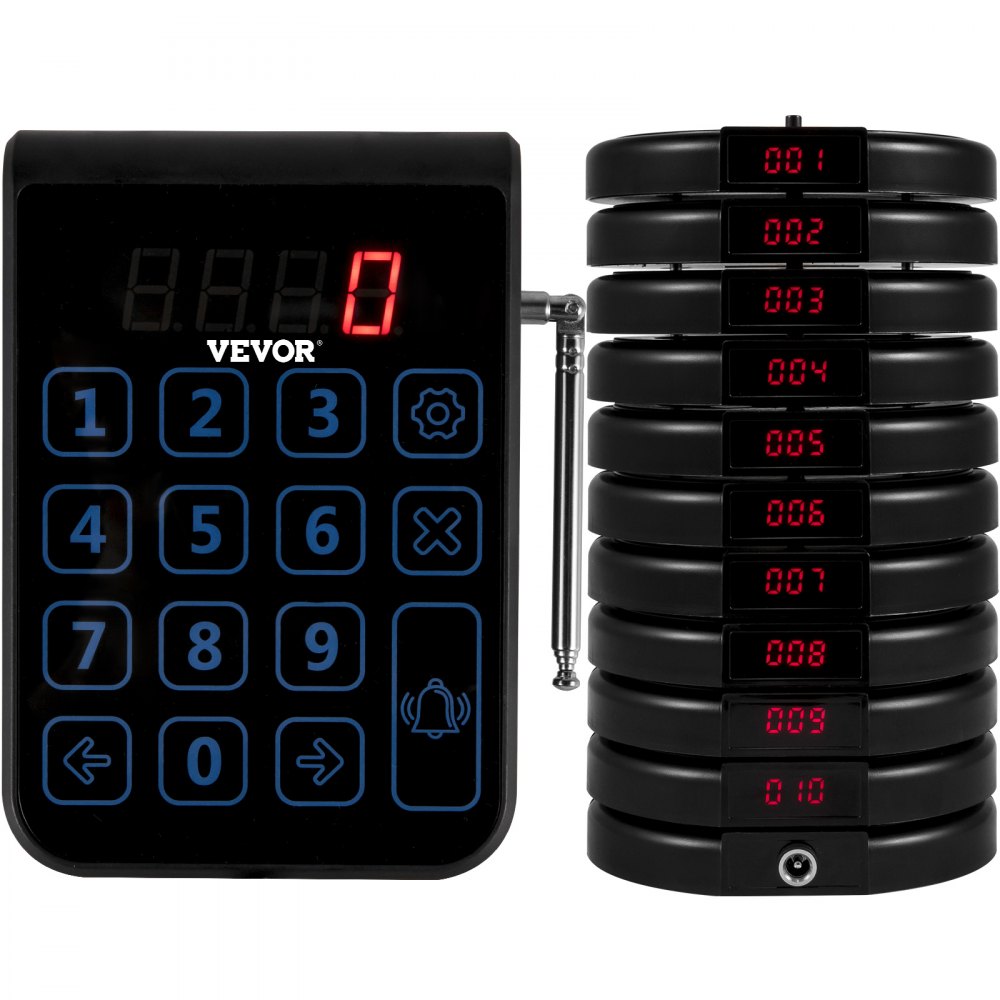 VEVOR R100 Wireless Calling System Restaurant Pager System 10 Pagers Max 999 Beepers Touch Keyboard with Vibration Flashing and Buzzer for Church