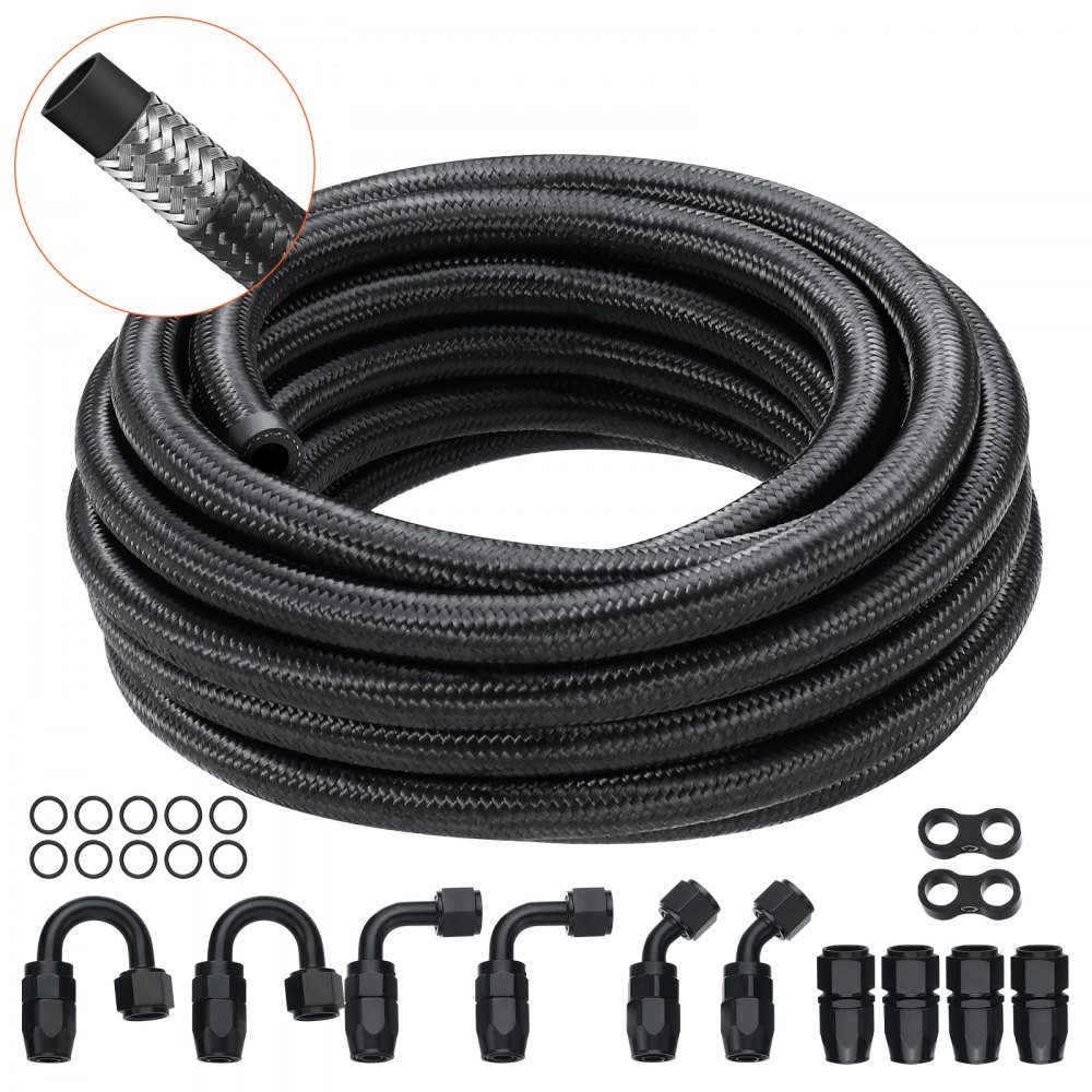 VEVOR 6AN 20 FT Fuel Line Kit Stainless Steel Nylon Braided 12 Hose End ...