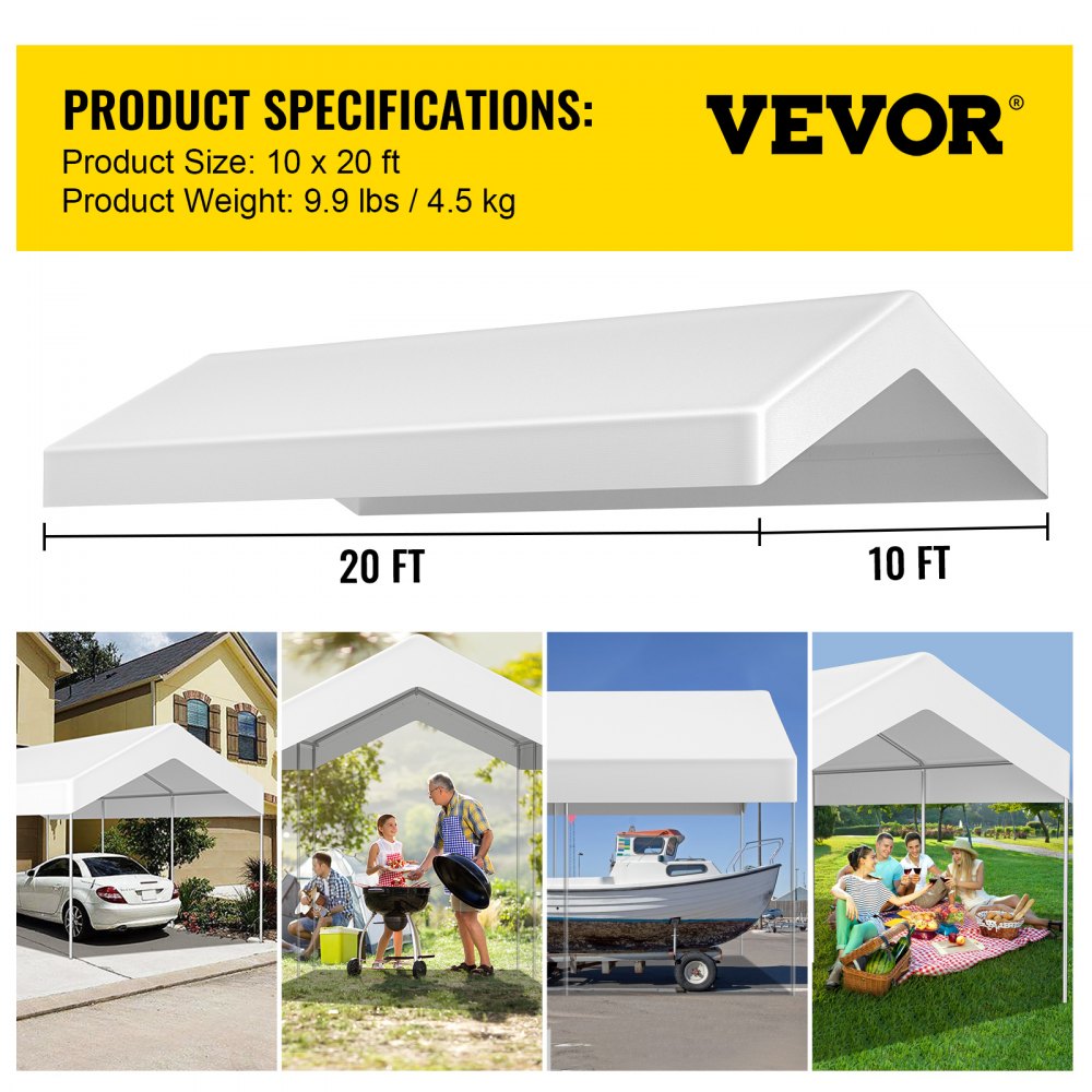 VEVOR Carport Replacement Canopy Cover, 10 x 20 ft, Ripstop Triple