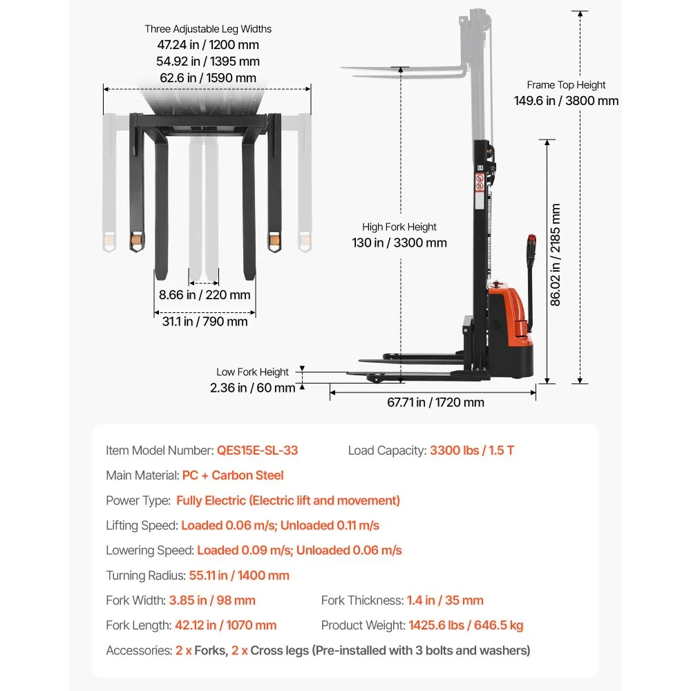 Pallet Sacker VEVOR Full Electric Pallet Stacker – 3300 lbs Lift Forklift