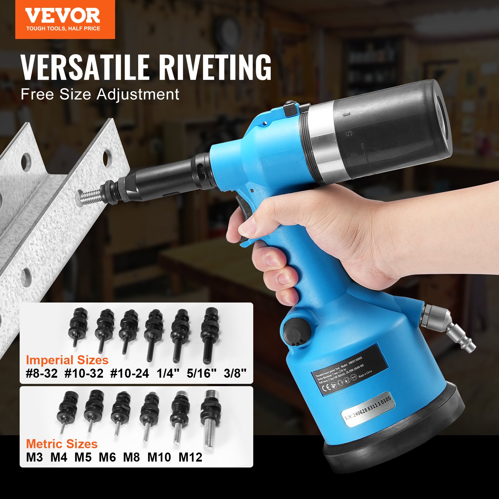 VEVOR Pneumatic Air Riveter Heavy Duty Rivet Gun Tool Kit 13 Size Nose ...