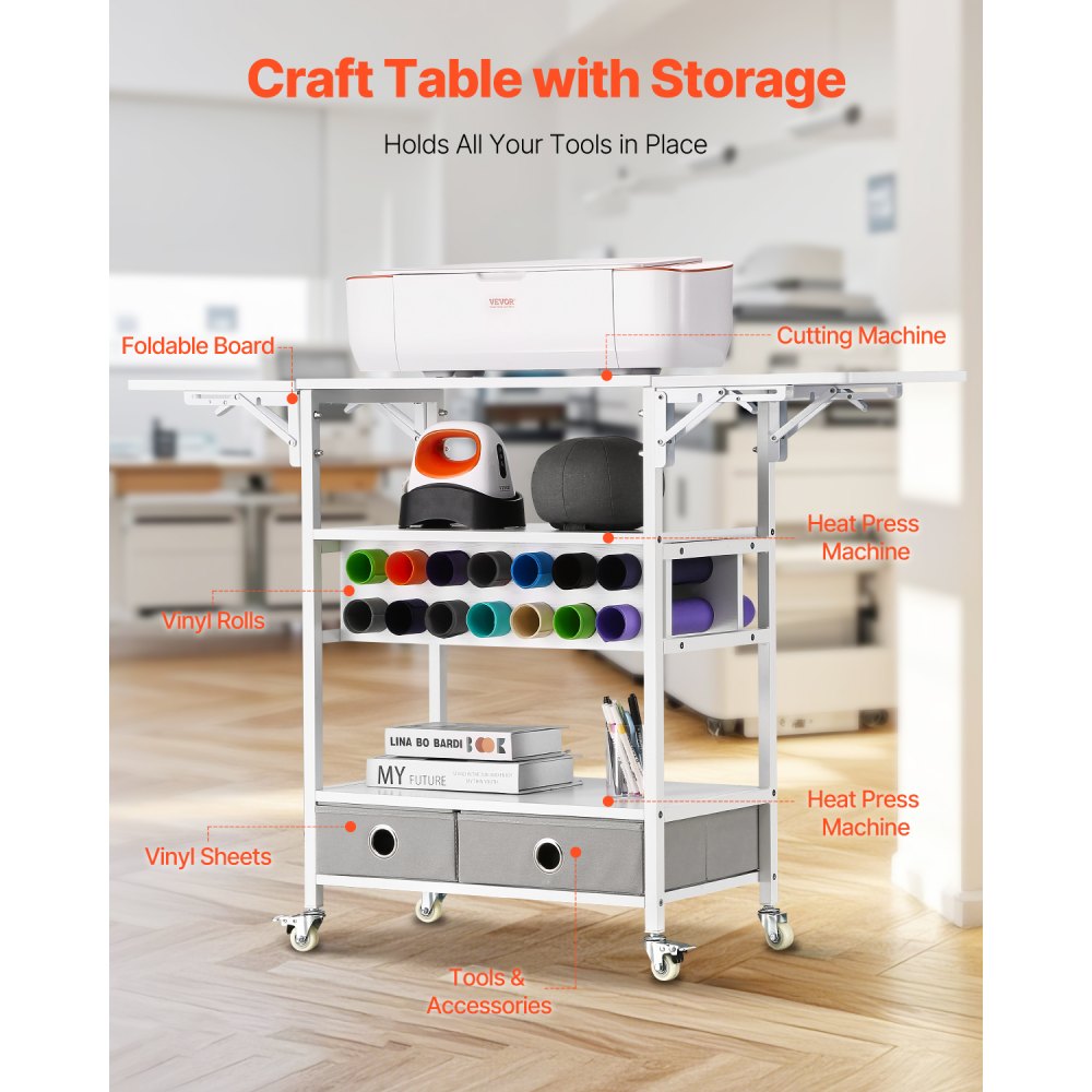 VEVOR Rolling Craft Cart and Storage Table, Compatible with Cricut ...