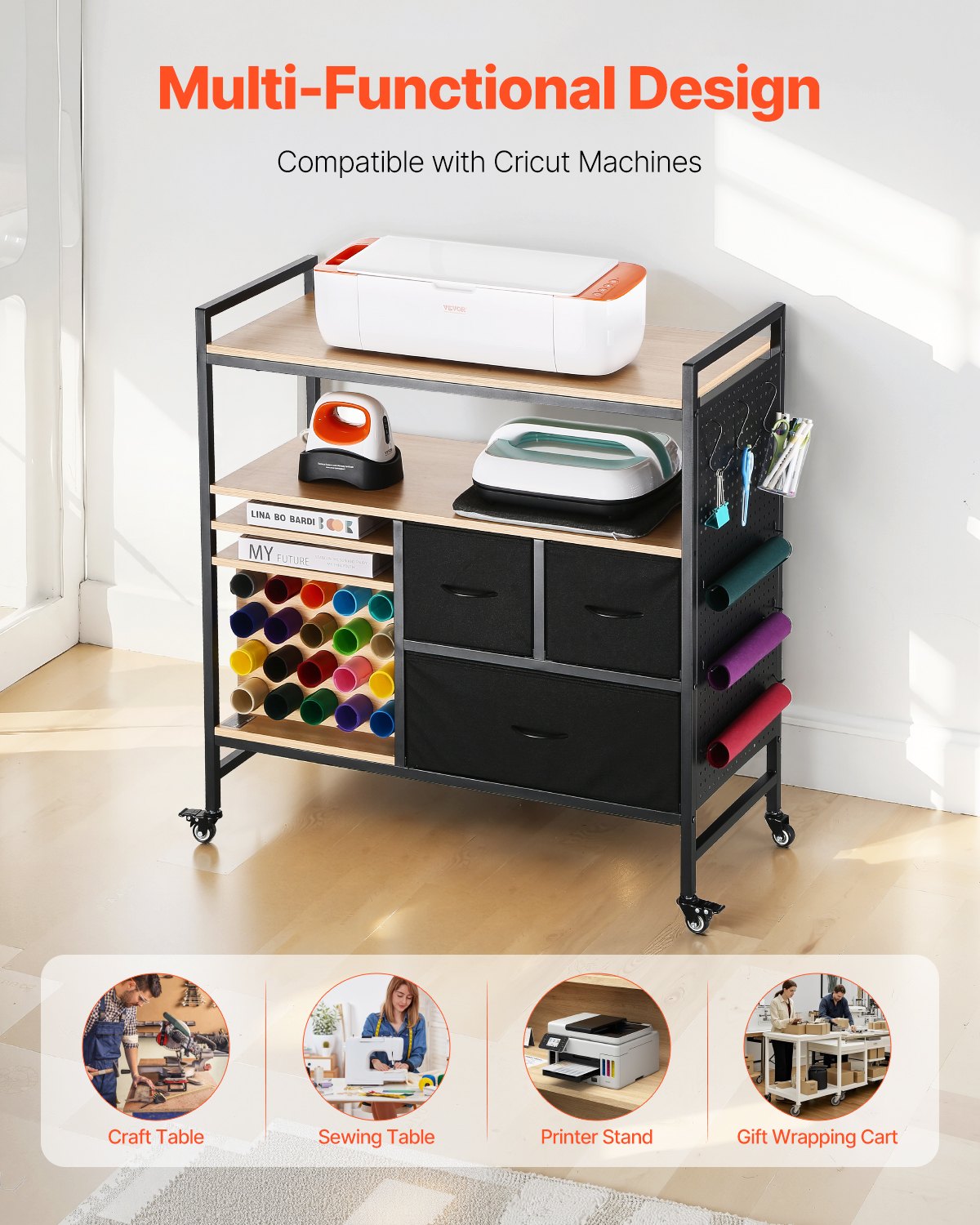 VEVOR Rolling Storage Table-Vinyl Holders and Drawers