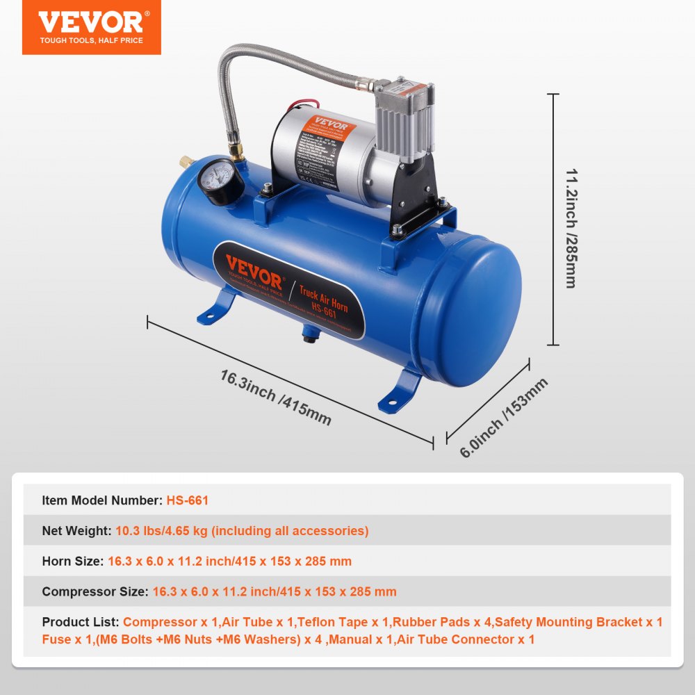 VEVOR 12V Air Compressor with Tank 1.6 Gallon/6 L, Train Horn Air