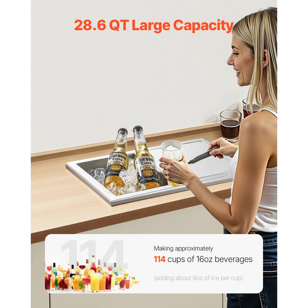 Chladicí box VEVOR, 455 x 305 x 385 mm (D x Š x V), nerezová ocel, komerční nádoba na led o objemu 27,1 l s posuvným víkem pro venkovní použití, sada odtokových trubek součástí balení, na studené víno a pivo - miniatura 2